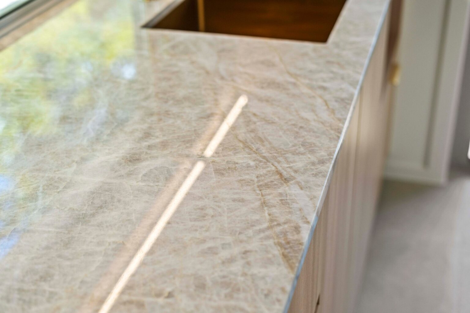 Stone benchtop detail in the kitchen at the Ney Road renovation, Capalaba