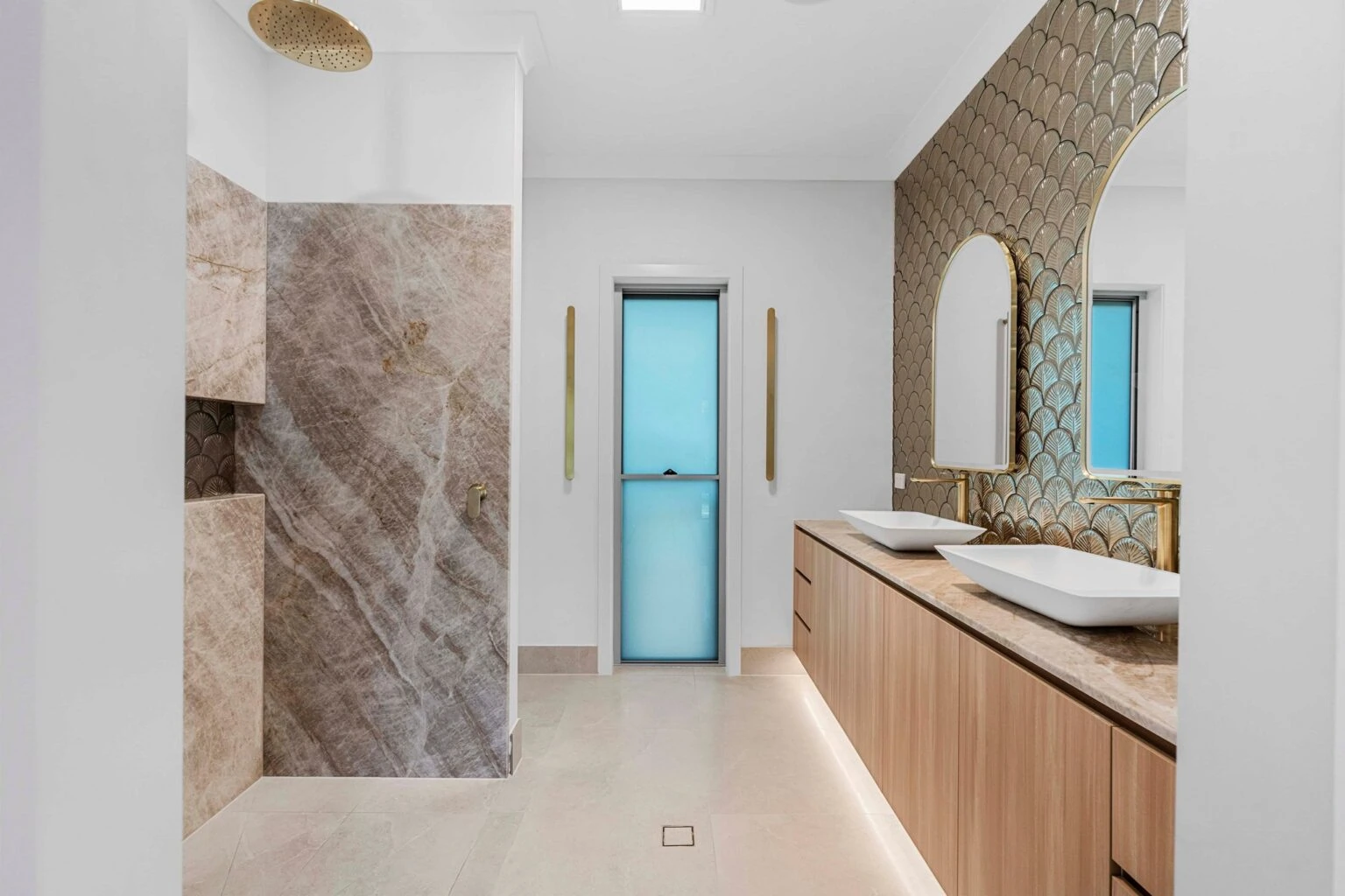 Ensuite with open shower and double vanity at the Ney Road renovation, Capalaba